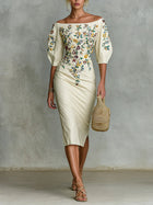 Women's floral print mid-sleeve slit dress