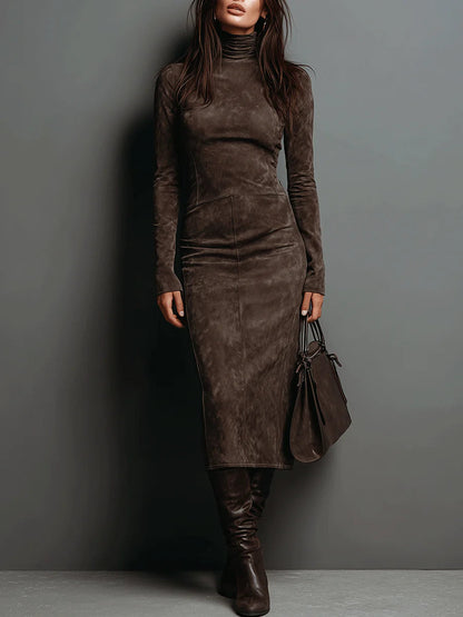 Suede High-Neck Midi Dress